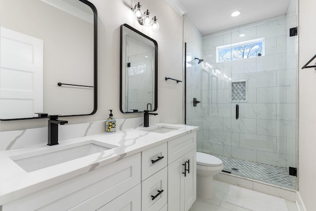 bathroom featuring toilet, a shower stall, double vanity, and a sink