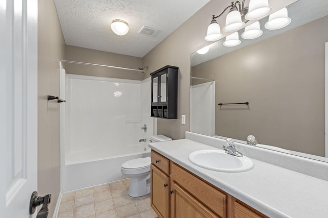 full bathroom with vanity, a textured ceiling, tile patterned floors, shower / bathtub combination, and toilet