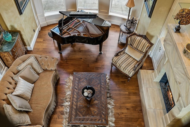 living area featuring hardwood / wood-style flooring and a fireplace