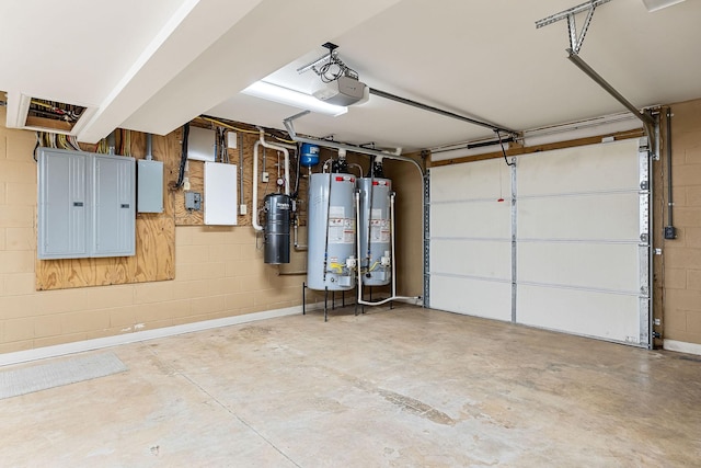 garage featuring a garage door opener, electric panel, and water heater