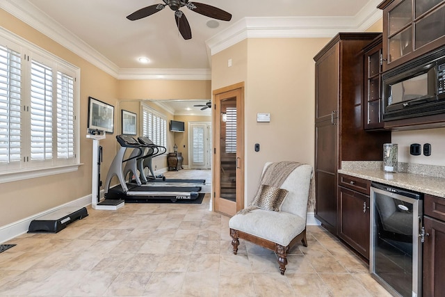 exercise room featuring wine cooler, crown molding, and ceiling fan