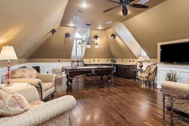 rec room featuring lofted ceiling, hardwood / wood-style floors, pool table, and ceiling fan