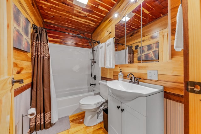 full bathroom featuring shower / tub combo, wooden walls, vanity, wooden ceiling, and toilet