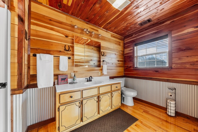 bathroom featuring toilet, wooden ceiling, vanity, wooden walls, and hardwood / wood-style floors