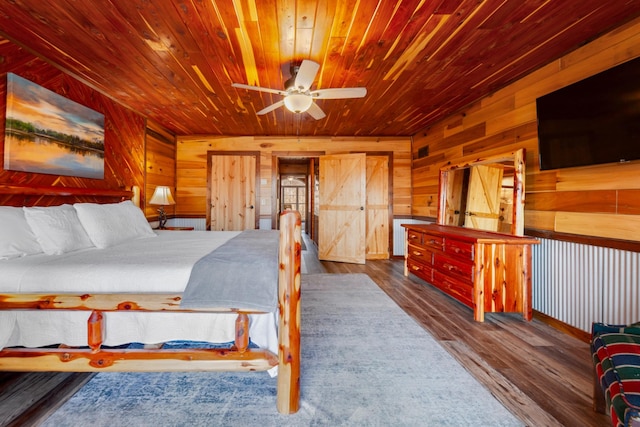 bedroom with wooden walls, wooden ceiling, dark hardwood / wood-style floors, and ceiling fan