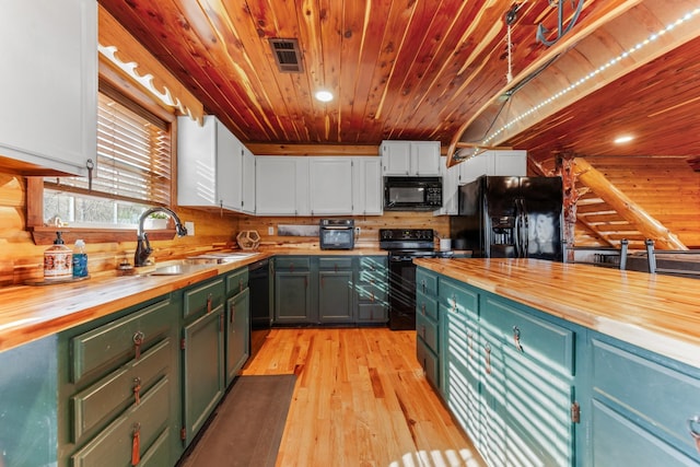 kitchen with white cabinetry, wood counters, wooden ceiling, and black appliances