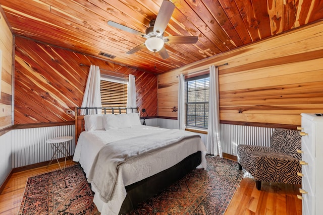 bedroom featuring ceiling fan, light hardwood / wood-style flooring, wood ceiling, and wood walls