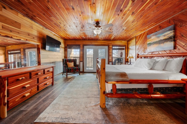 bedroom featuring wooden walls, wooden ceiling, dark hardwood / wood-style floors, and ceiling fan