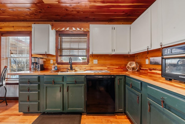 kitchen with white cabinetry, dishwasher, butcher block countertops, and wooden ceiling