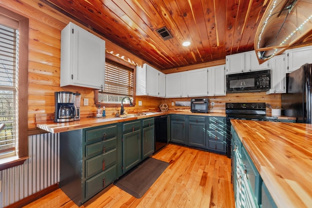 kitchen with wood ceiling, white cabinets, butcher block counters, and black appliances