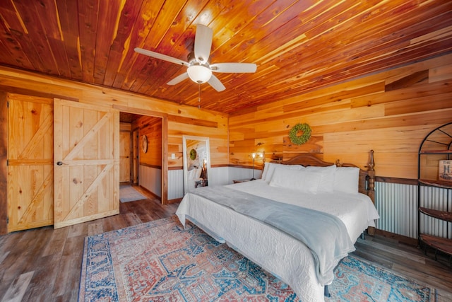 bedroom with dark wood-type flooring, wooden ceiling, ceiling fan, and wood walls