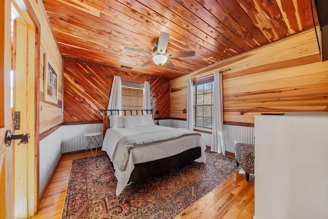 bedroom with wood ceiling, light wood-type flooring, ceiling fan, and wood walls