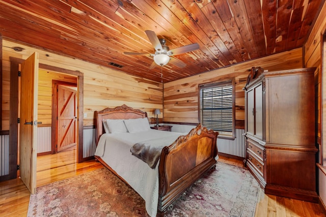 bedroom with wood ceiling, light hardwood / wood-style flooring, wooden walls, and ceiling fan