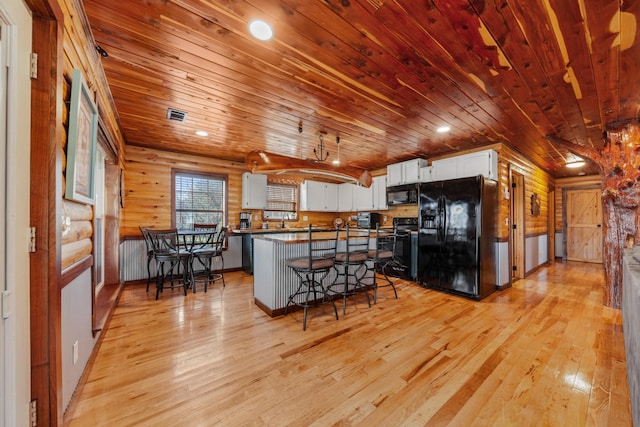 kitchen with a breakfast bar area, white cabinetry, a center island, log walls, and black appliances