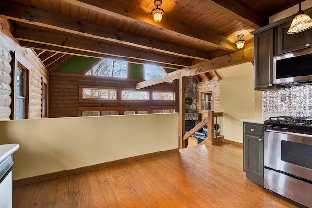 kitchen featuring dark brown cabinets, hanging light fixtures, wooden ceiling, stainless steel appliances, and light hardwood / wood-style floors