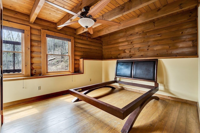 unfurnished bedroom with wood ceiling, beamed ceiling, light hardwood / wood-style floors, and log walls