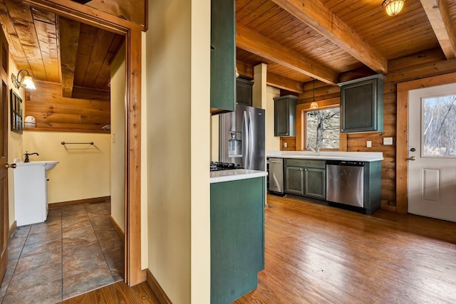 kitchen with pendant lighting, wood ceiling, appliances with stainless steel finishes, dark hardwood / wood-style flooring, and beamed ceiling