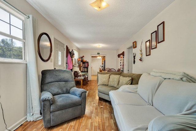 living room featuring light hardwood / wood-style floors and a textured ceiling