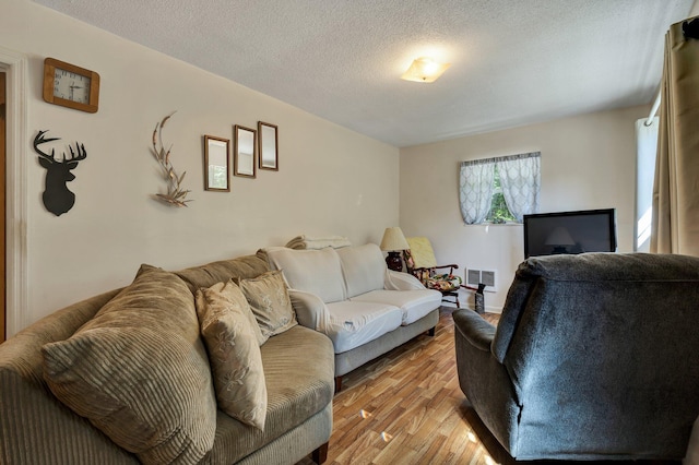 living room featuring light hardwood / wood-style floors and a textured ceiling