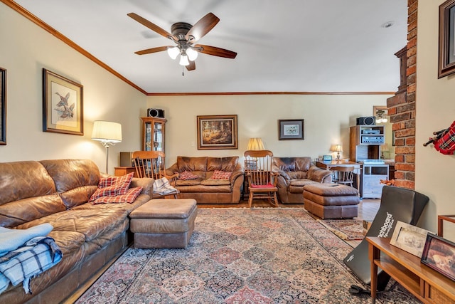 living room featuring crown molding and ceiling fan