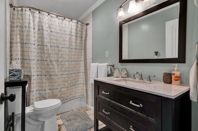 full bathroom featuring shower / bath combination with curtain, ornamental molding, toilet, and vanity