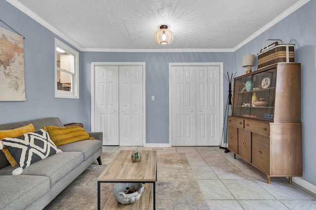 living room featuring crown molding, a textured ceiling, and light tile patterned floors