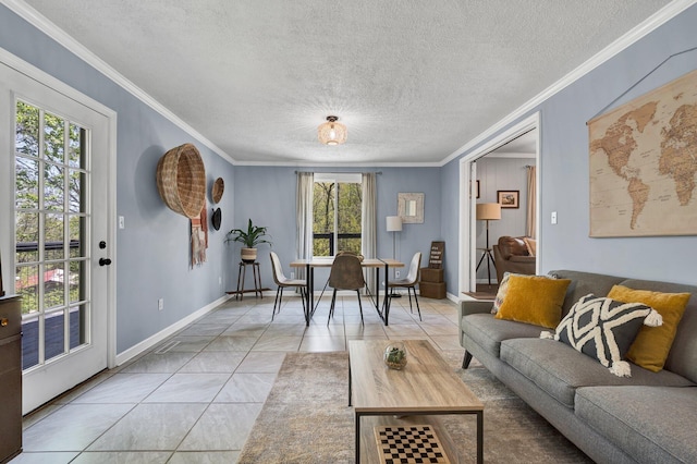 tiled living room featuring ornamental molding and a textured ceiling