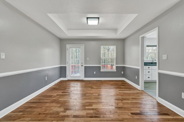 empty room featuring sink, hardwood / wood-style flooring, a raised ceiling, and a textured ceiling