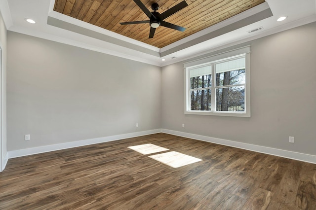 empty room featuring dark wood-type flooring, wood ceiling, ornamental molding, a tray ceiling, and ceiling fan