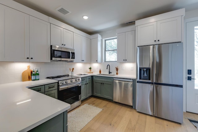 kitchen featuring stainless steel appliances, sink, white cabinets, and backsplash