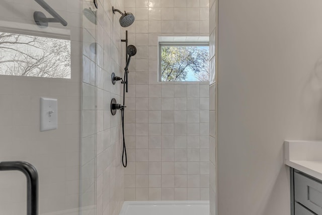 bathroom with vanity and a shower with shower door