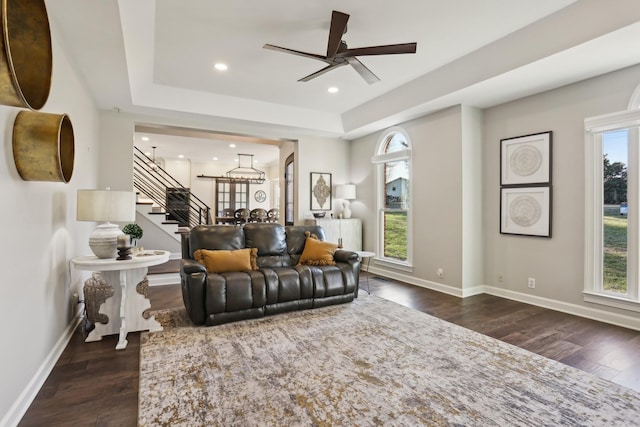 living room with a healthy amount of sunlight, dark hardwood / wood-style flooring, and a tray ceiling