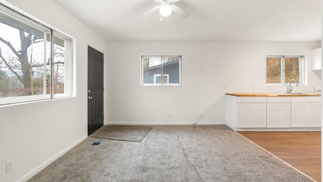 interior space with ceiling fan and sink