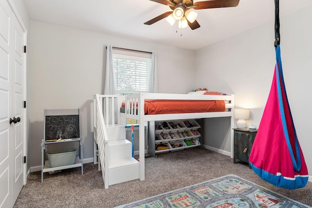 bedroom featuring ceiling fan and carpet floors