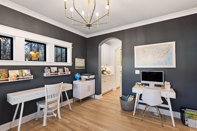 home office featuring ornamental molding, a chandelier, and light wood-type flooring