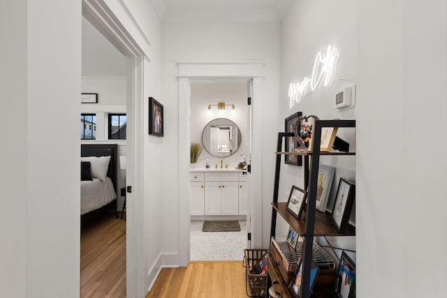 hallway featuring ornamental molding and light wood-type flooring