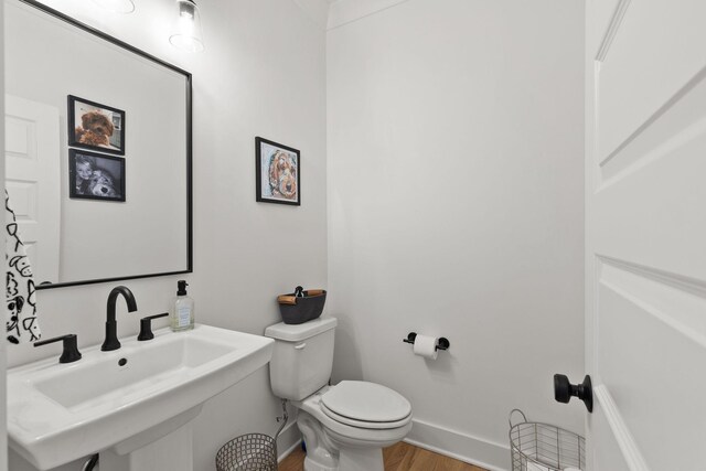 bathroom featuring sink, wood-type flooring, and toilet