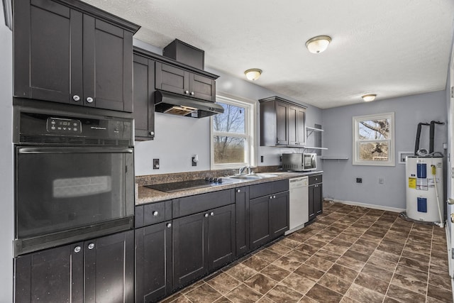 kitchen featuring electric water heater, sink, and black appliances