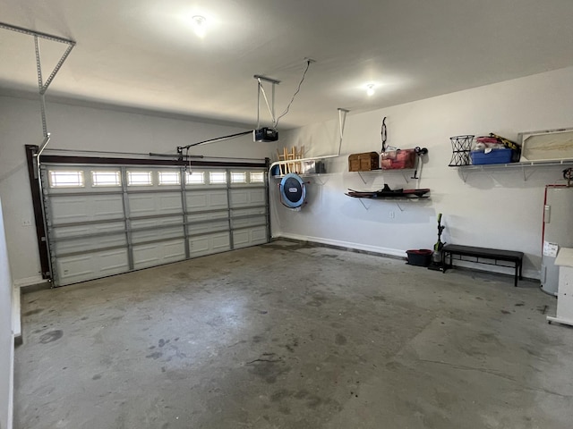 garage with a garage door opener and water heater