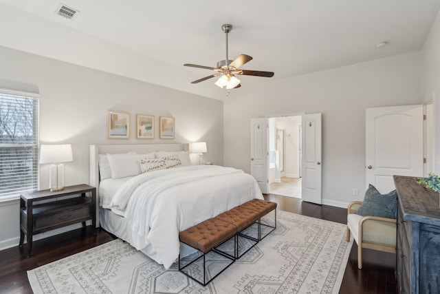 bedroom featuring wood-type flooring and ceiling fan