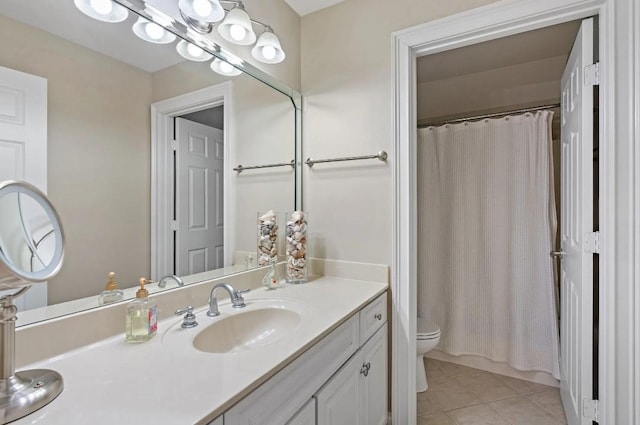 full bathroom with vanity, shower / bath combo, tile patterned floors, and toilet