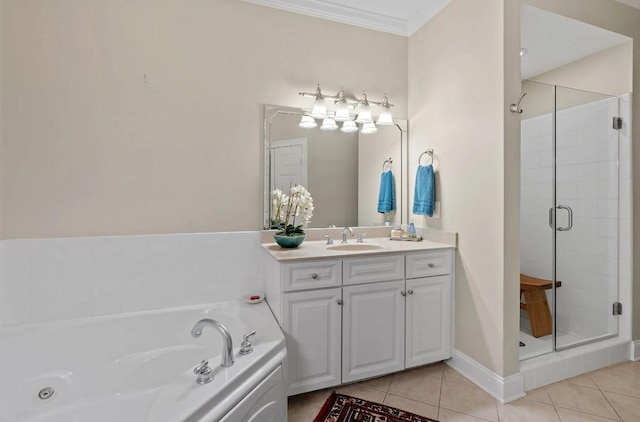 bathroom featuring independent shower and bath, crown molding, tile patterned floors, and vanity