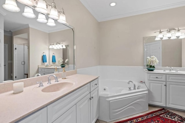 bathroom featuring crown molding, vanity, a notable chandelier, tile patterned floors, and independent shower and bath