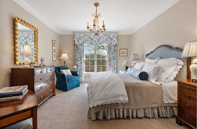 carpeted bedroom with ornamental molding and a notable chandelier