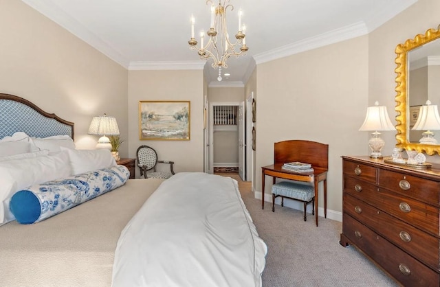 bedroom featuring light colored carpet, ornamental molding, and a notable chandelier