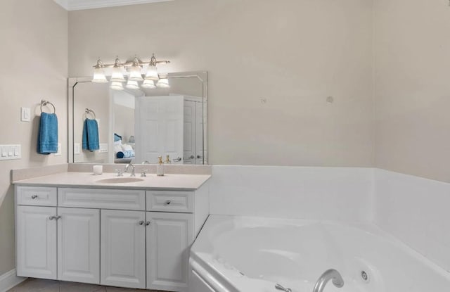 bathroom featuring vanity, a bath, and crown molding