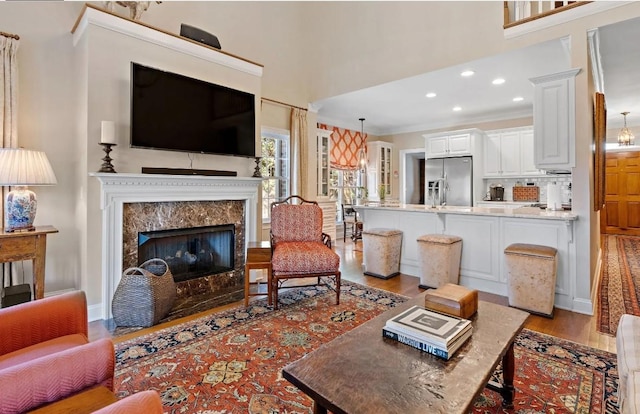 living room featuring light hardwood / wood-style floors and a premium fireplace