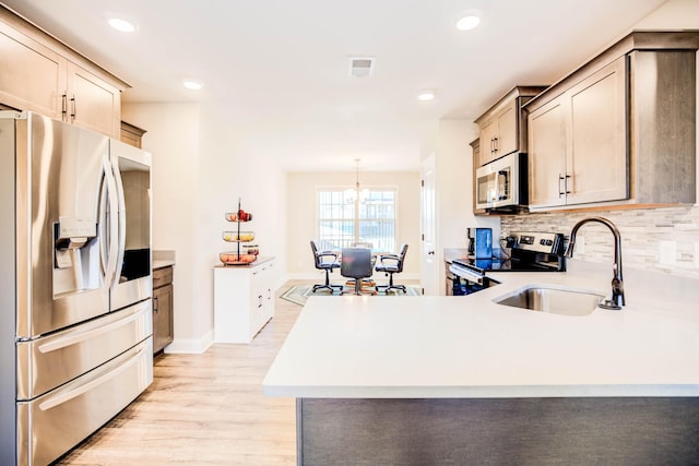 kitchen featuring sink, decorative light fixtures, light wood-type flooring, appliances with stainless steel finishes, and backsplash