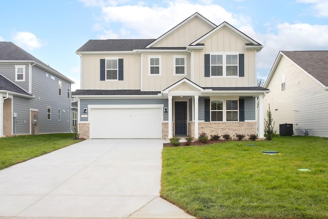 craftsman-style home with a garage, central air condition unit, and a front lawn