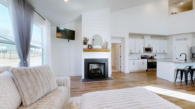 living room with sink, light hardwood / wood-style flooring, and a high ceiling